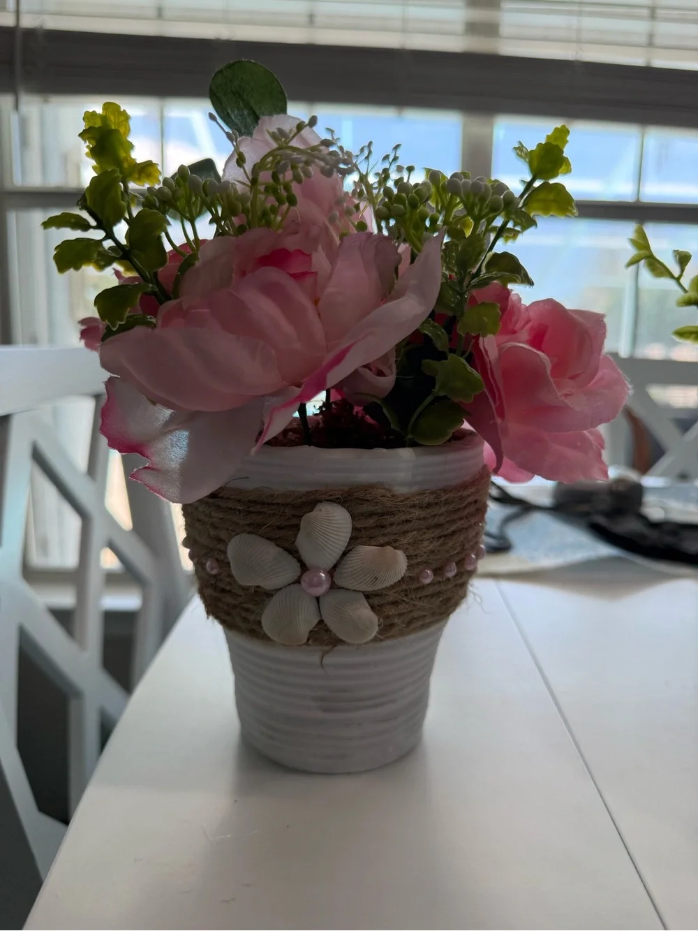 Decorative Pink Faux Peony Floral Arrangement in a beachy pot
